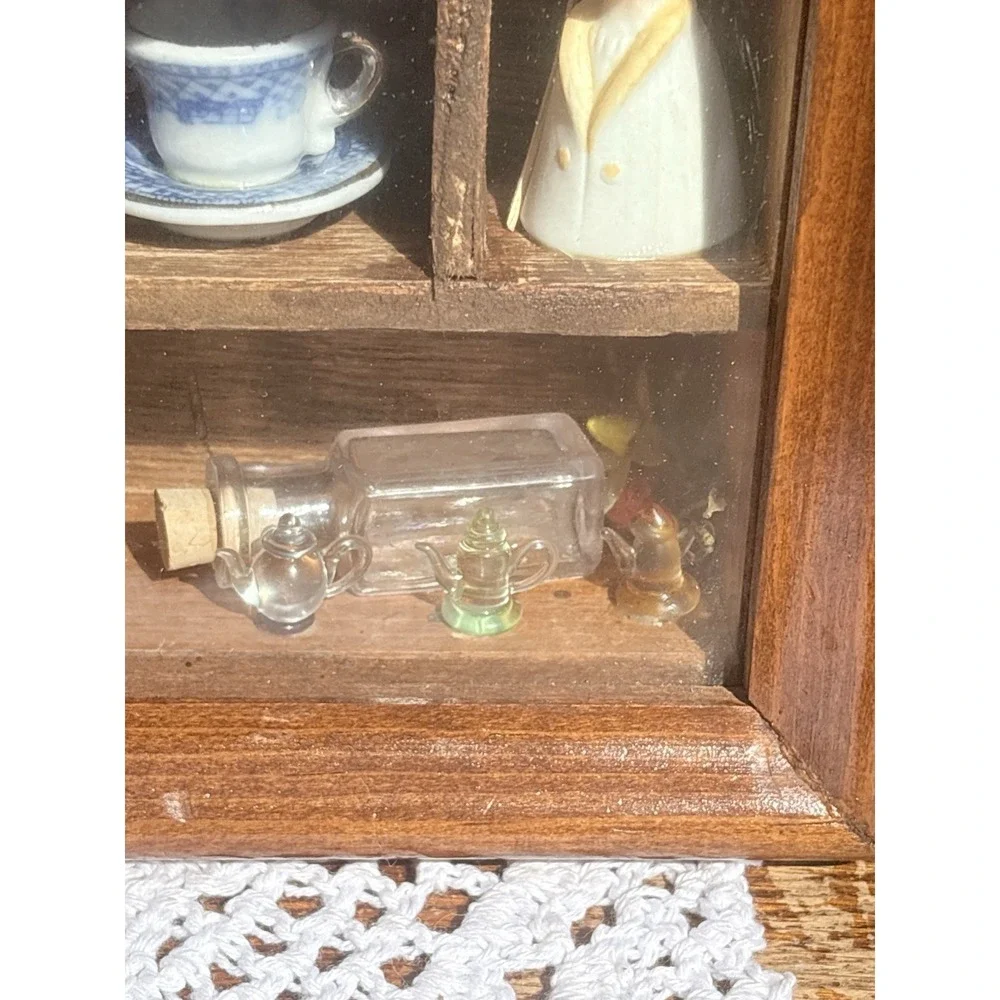 Vintage Blue Willow Miniature Tea Set Shadow Box Wall Display Case Cottagecore